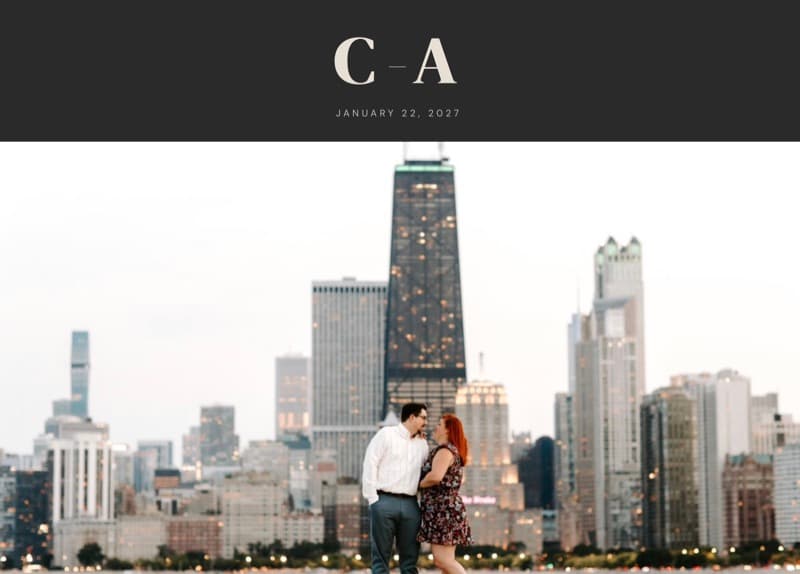 Wedding website template designed for a Chicago destination wedding with urban skyline