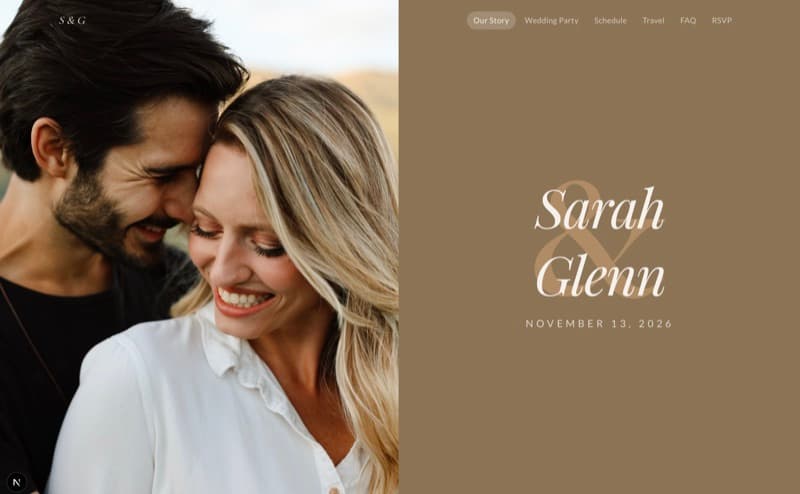 Wedding website template designed for a Palm Springs destination wedding with warm gold tones